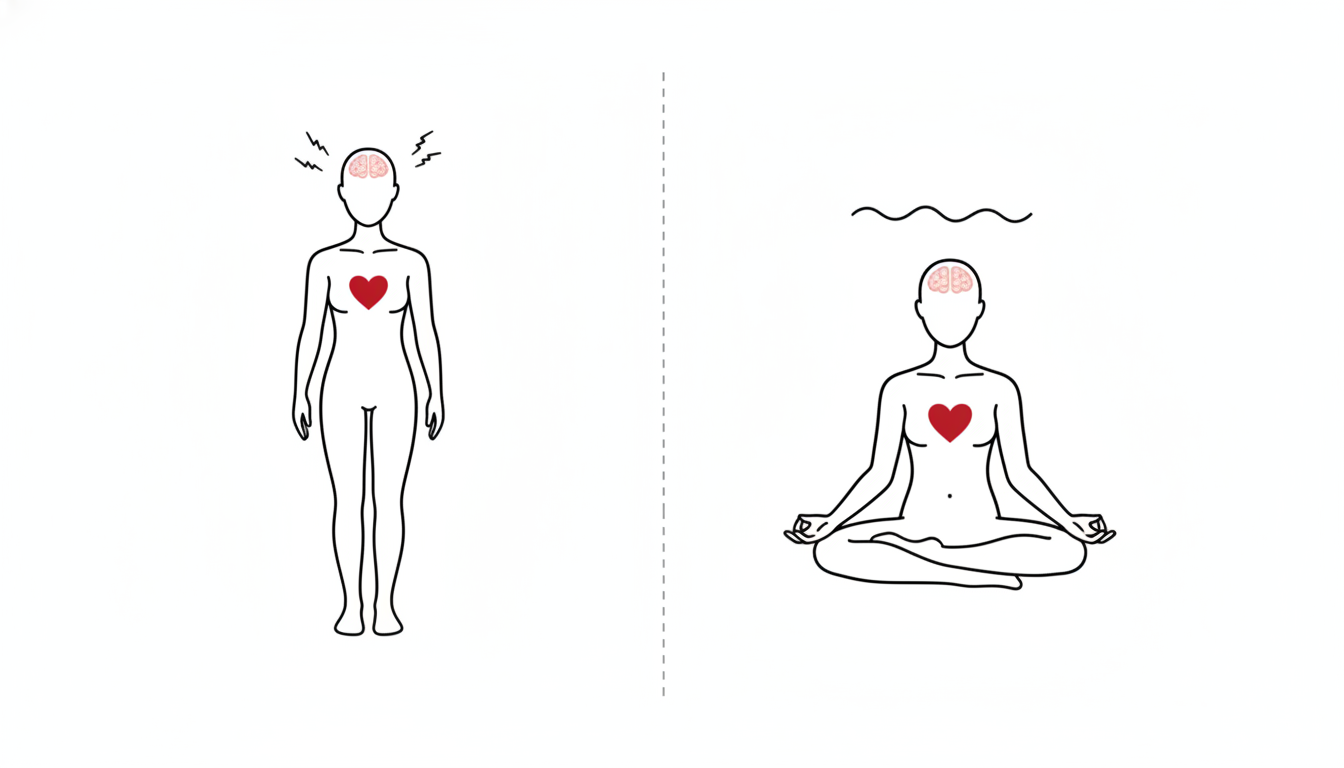 そわそわした人型と、蓮華座で瞑想する人型が点線で仕切られて並ぶ線画イラスト